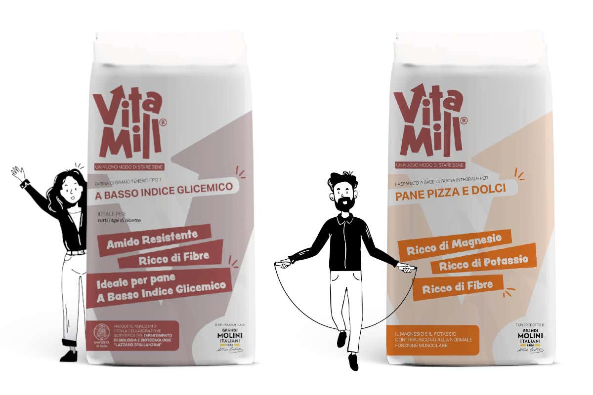 VitaMill® a Basso Indice Glicemico e VitaMill® Pane Pizza e dolci, Ricco di Magnesio, Potassio e Fibre, un preparato a base di farina integrale, entrambe protagoniste di un rebranding
