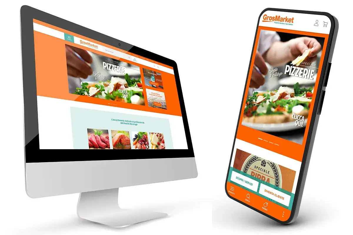 Il nuovo sito GrosMarket sui diversi dispositivi GrosMarket, nuova piattaforma e-commerce e app dedicata