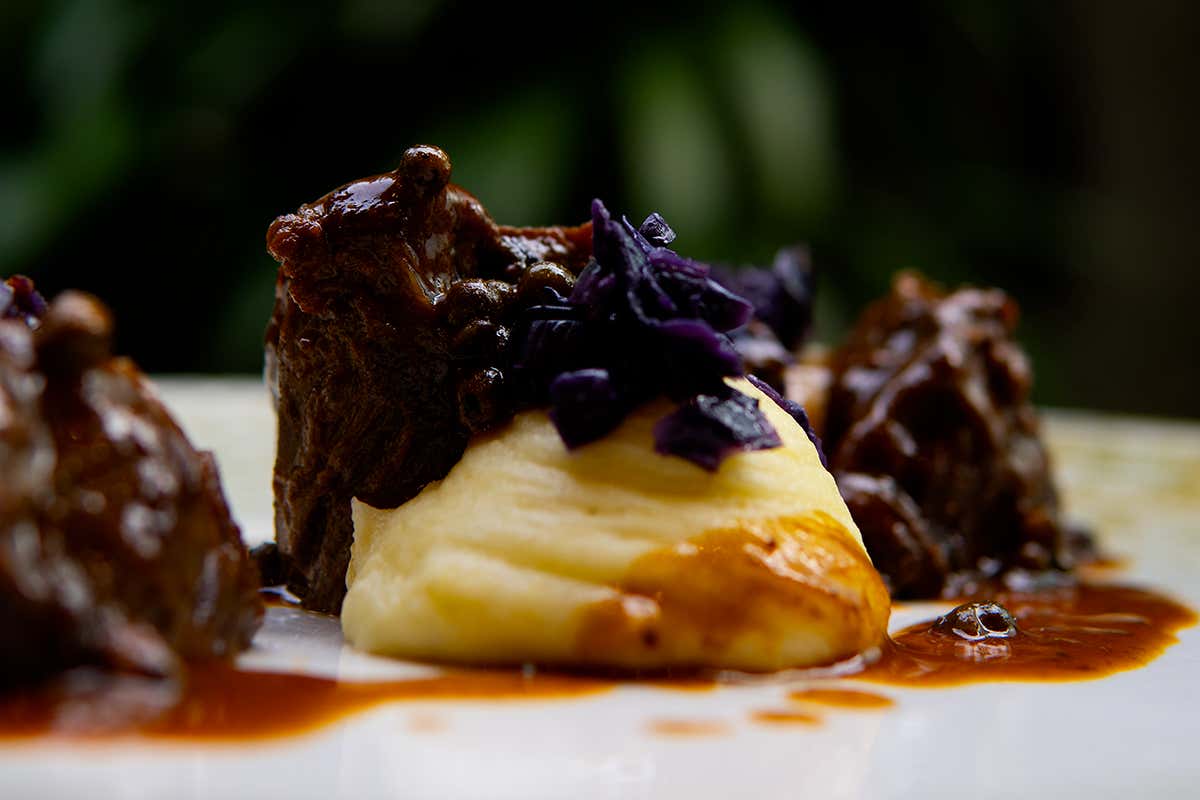 Guance di maialino brasato con jus al pepe verde purea di patate affumicate e cavolo cappuccio viola