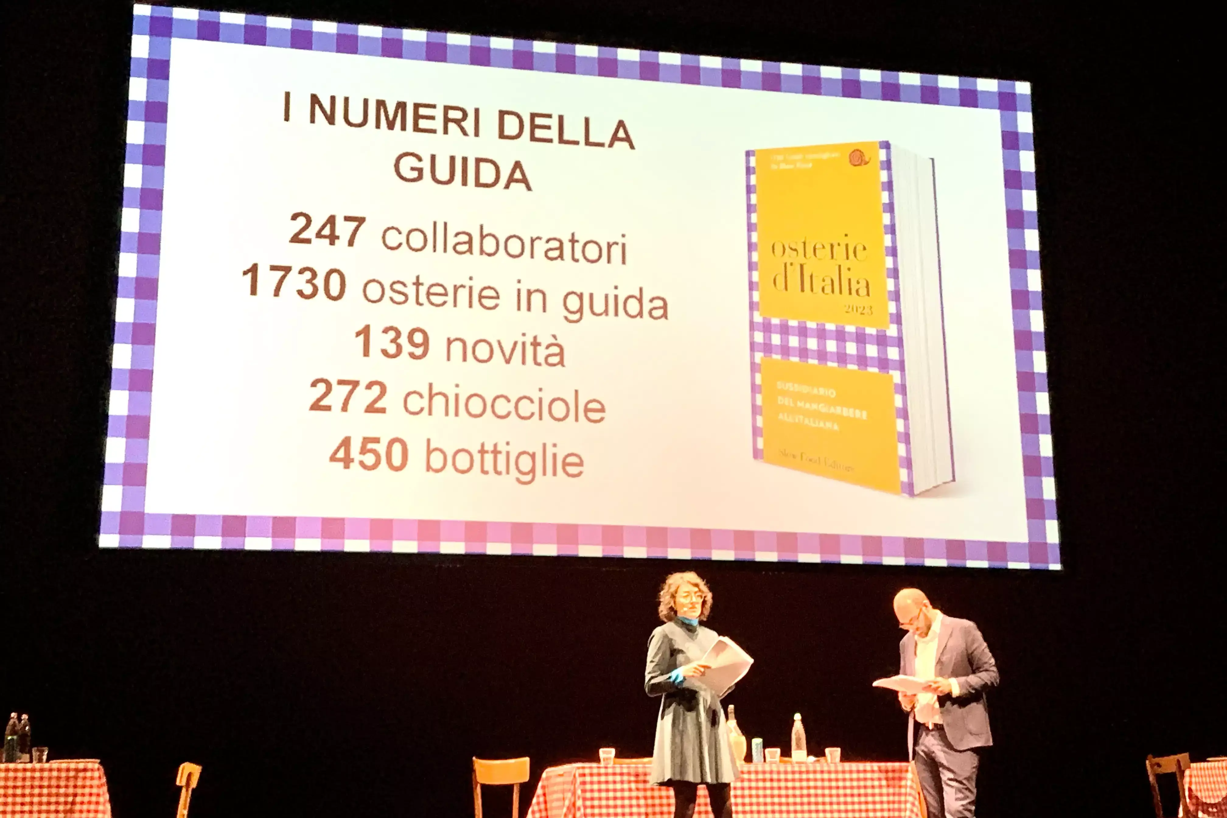 Francesca Mastrovito ed Eugenio Signoroni sul palco del Piccolo Teatro Strehler di Milano Osterie d&rsquo;Italia 2023 premia il valore dell&rsquo;accoglienza