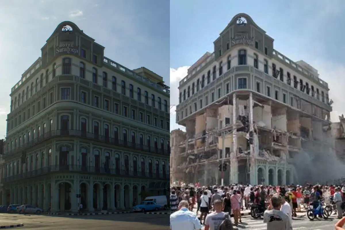 L'Hotel Saratoga, prima e dopo l'esplosione (foto a sinistra Saratoga.com, foto a destra Il Corriere)&nbsp; Cuba, l&rsquo;Hotel Saratoga devastato da un&rsquo;esplosione