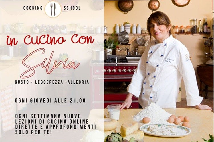 La locandina dell'evento digitale - Il Falconiere, corsi di cucina online Le ricette di Silvia Baracchi