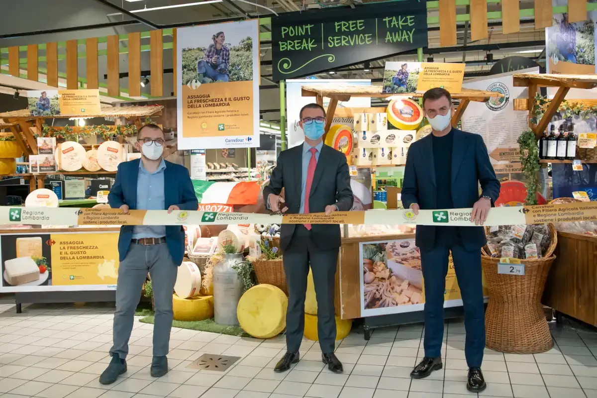 Fabio Rolfi, Christophe Rabatel, Ettore Prandini Carrefour in prima linea per sostenere i produttori lombardi