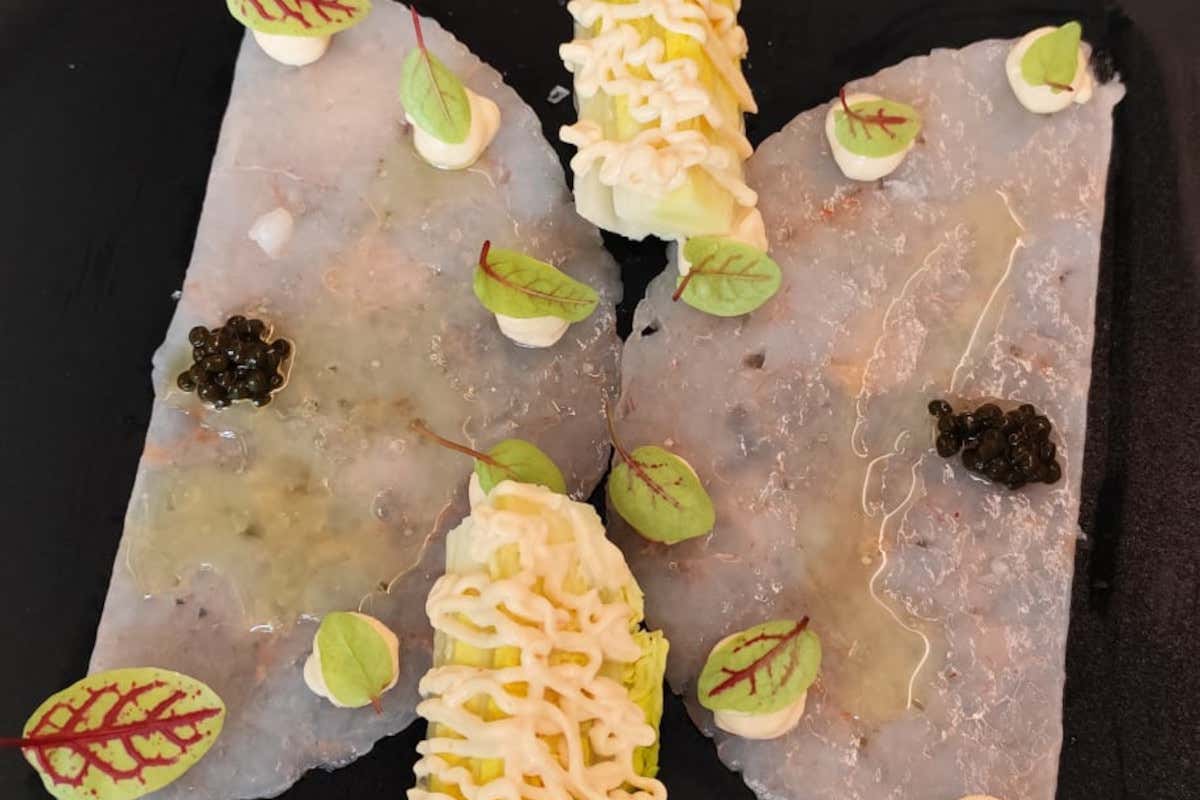 Carpaccio di gamberi, salsa cocktail, insalata, plancton sferificato, olio evo di Marsicani, germogli