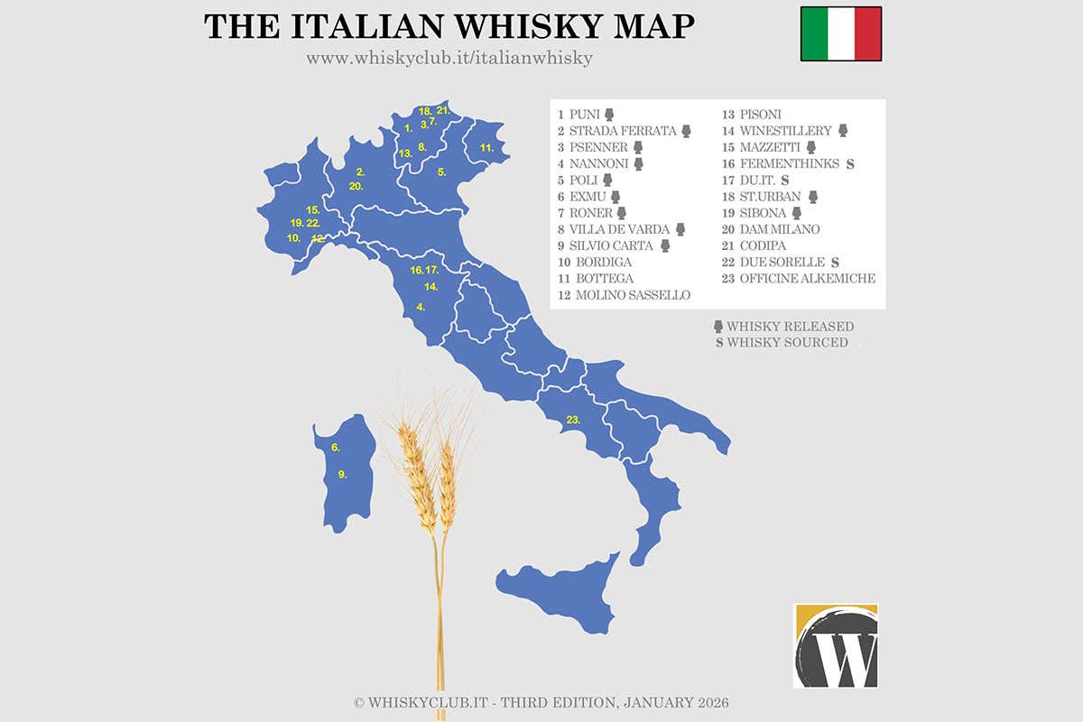 Una mappa delle distillerie di whisky in Italia, realizzata dal Whisky Club