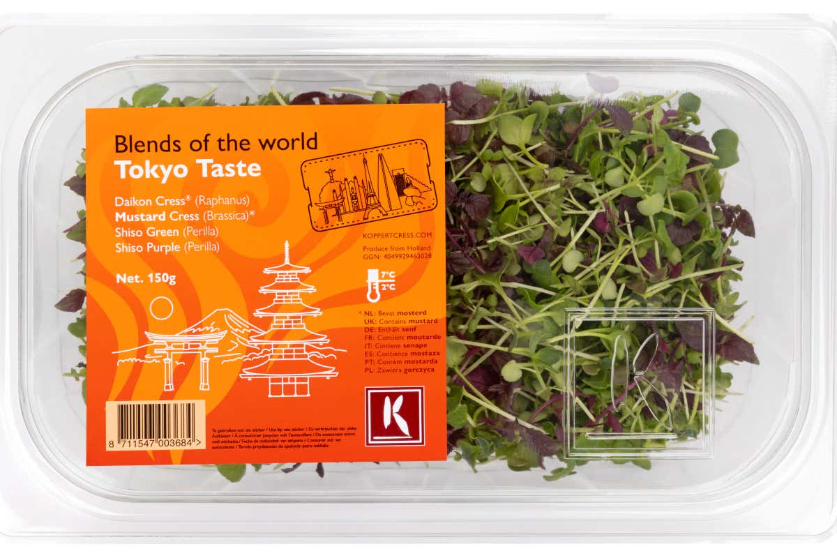 Tokyo Taste, composto da quattro diverse varietà di cress pronte all’utilizzo: Shiso Purple, Shiso Green, Daikon Cress® e Mustard Cress, nella confezione da 150 grammi