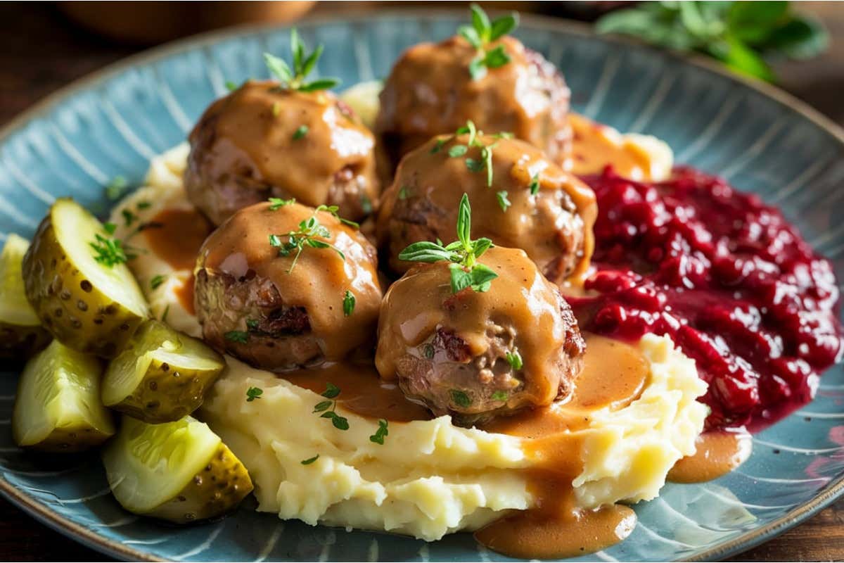 Le köttbullar vengono servite con purè e confettura di mirtilli rossi