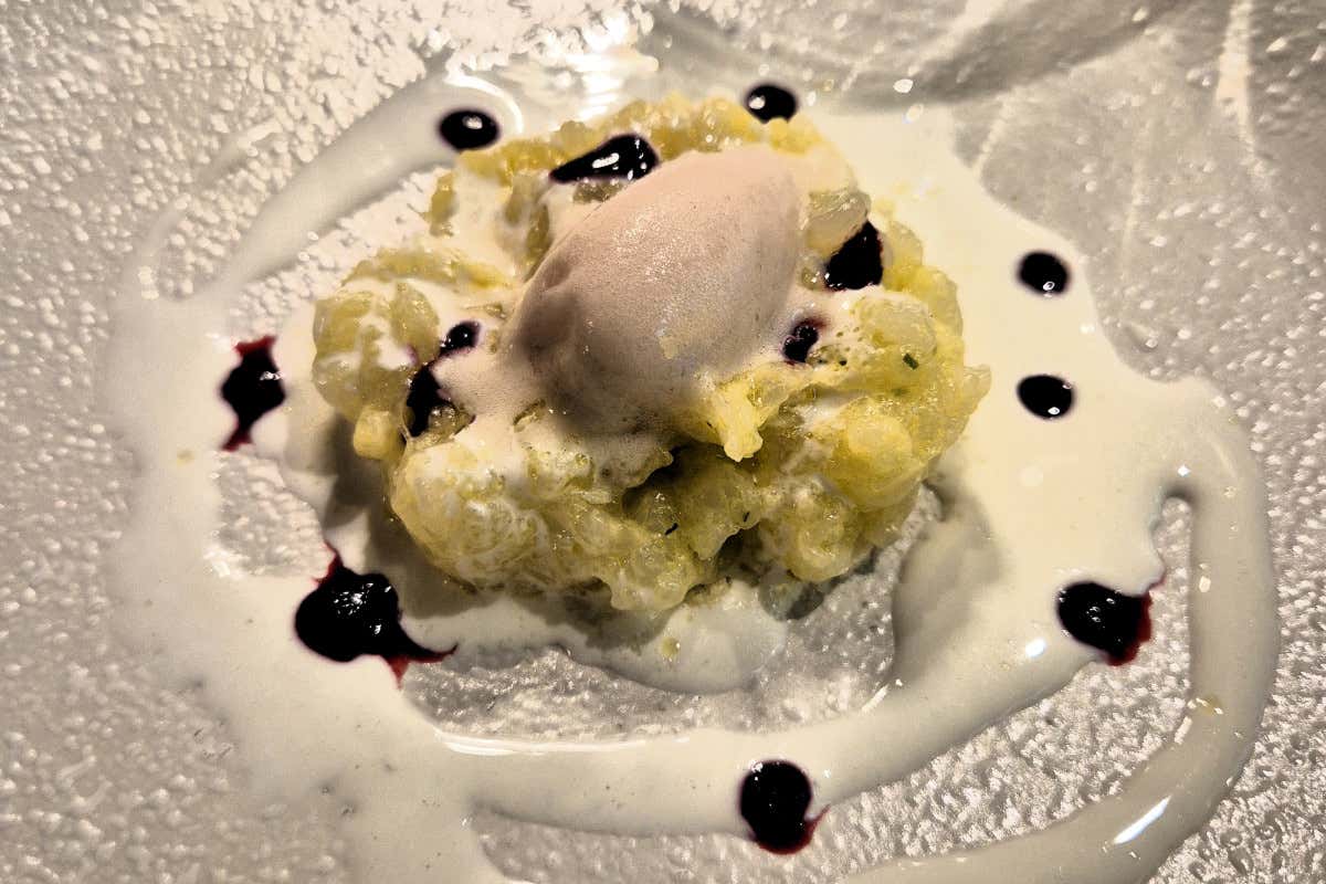 Tartare di scampi di Sicilia, burrata, cassis e gelato al glicine