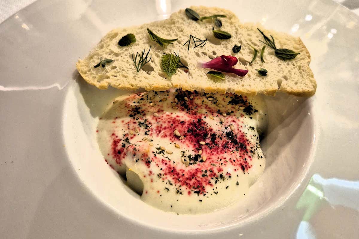 Carote e patate grigliate con spuma di patate, prezzemolo e polvere di radici