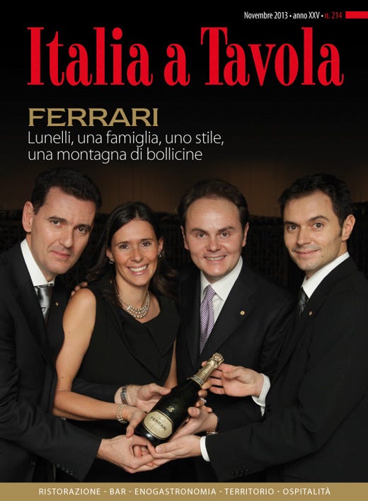 La cover del numero 214 di Italia a Tavola che ritrae, da sinistra: Marcello, Camilla, Matteo e Alessandro Lunelli