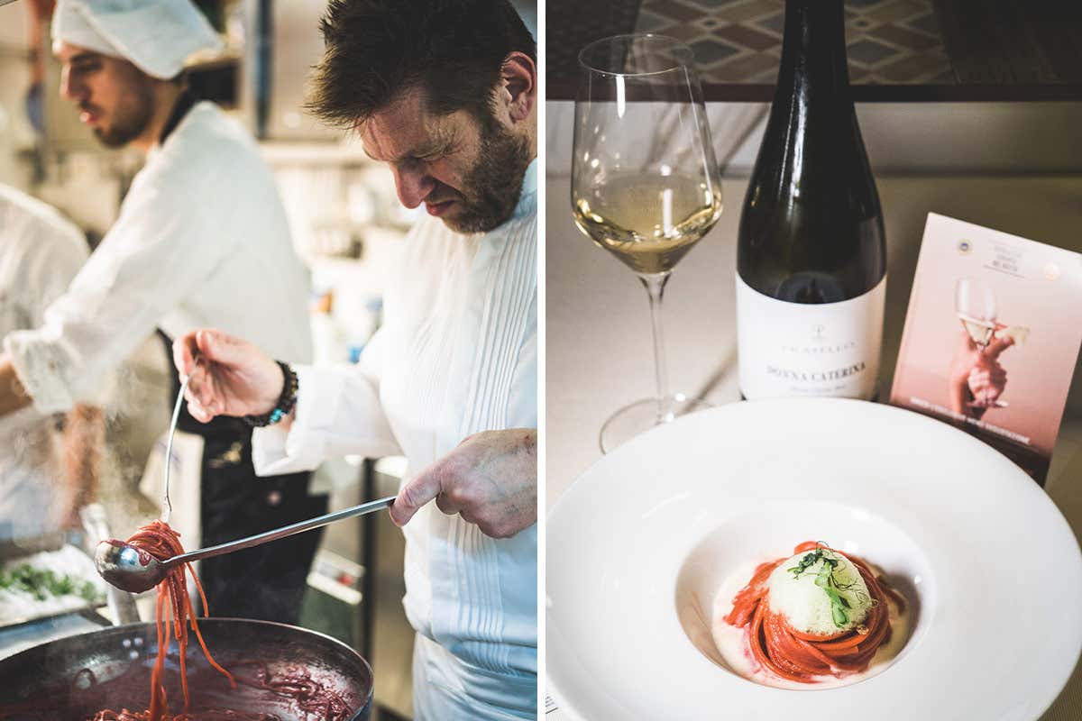 Spaghetti al rosso peperoncino selezione Felicetti, aglio, olio, aria di prezzemolo, lievito essiccato e crema di Grana Padano DOP 18 mesi “Nati per stare insieme” ultima serata al Castello Malvezzi