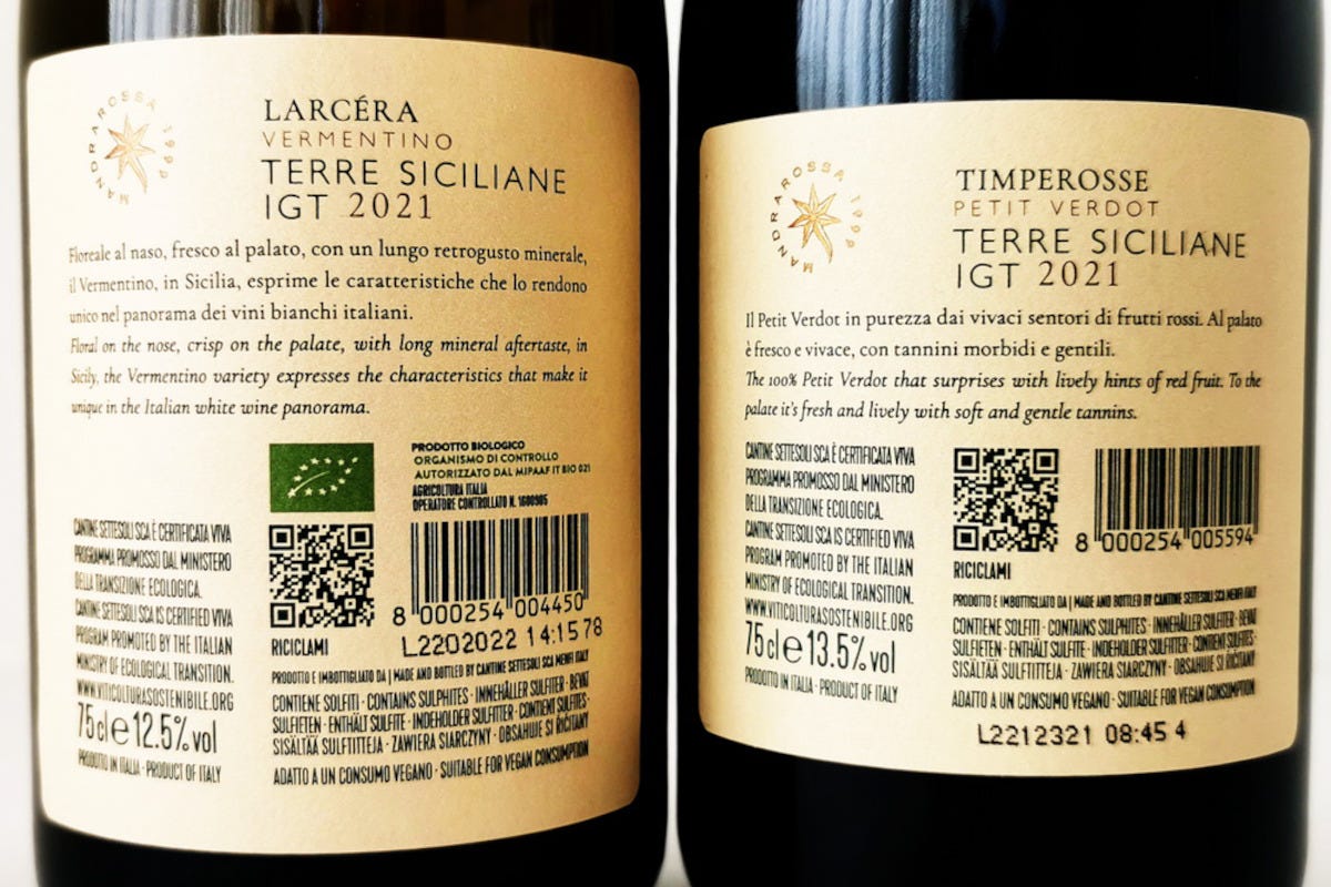 Le due bottiglie degustate Mandrarossa Settesoli, gli Innovativi vini di personalità e attraenza