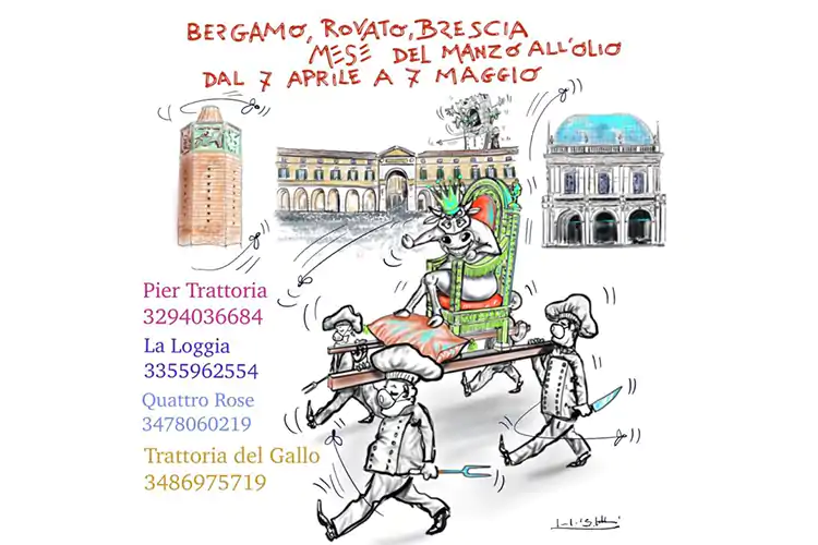 La locandina dell'evento realizzata dal pittore rovatese Giampaolo Belotti&nbsp; Festa per il manzo all&rsquo;olio In delivery a Brescia e Bergamo