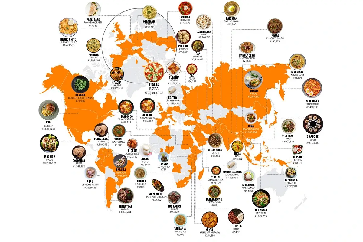 Mappa dei piatti pi&ugrave; popolari per paese Il cibo italiano pi&ugrave; instagrammabile? La pizza