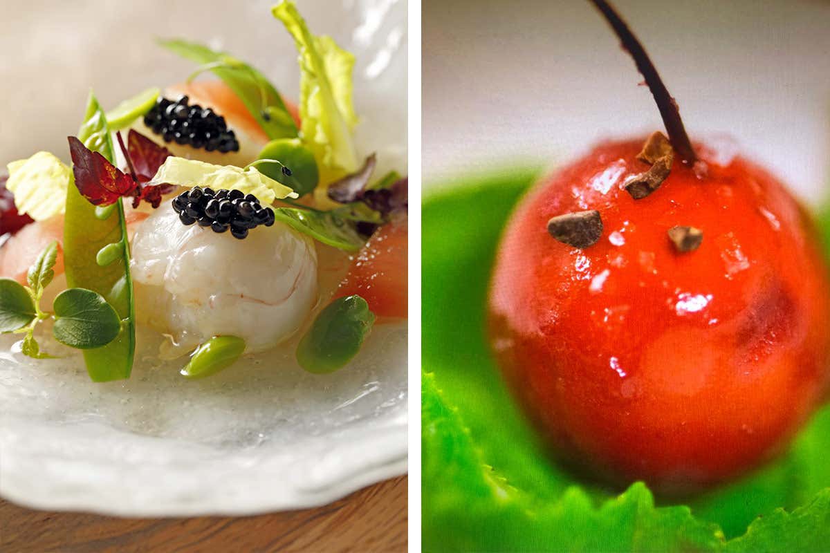 Crudo di scampo all'acqua di pomodoro e caviale (Massimiliano Mascia, San Domenico **, Imola, Bo) Ciliegina di foie gras (Chicco e Bobo Cerea, Da Vittorio ***, Brusaporto, Bg) L'Italia del calcio di Mancini va sulle stelle. [Ecco come la celebrano gli stellati]