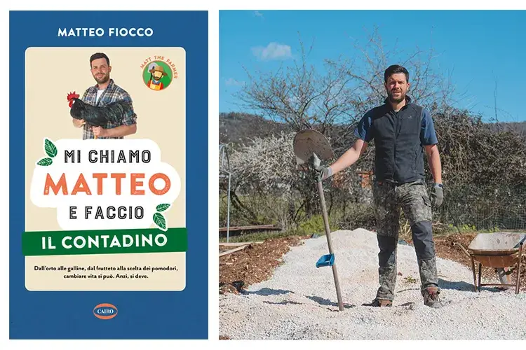 Matteo Fiocco e la copertina del suo libro &ldquo;Mi chiamo Matteo e faccio il contadino&rdquo;