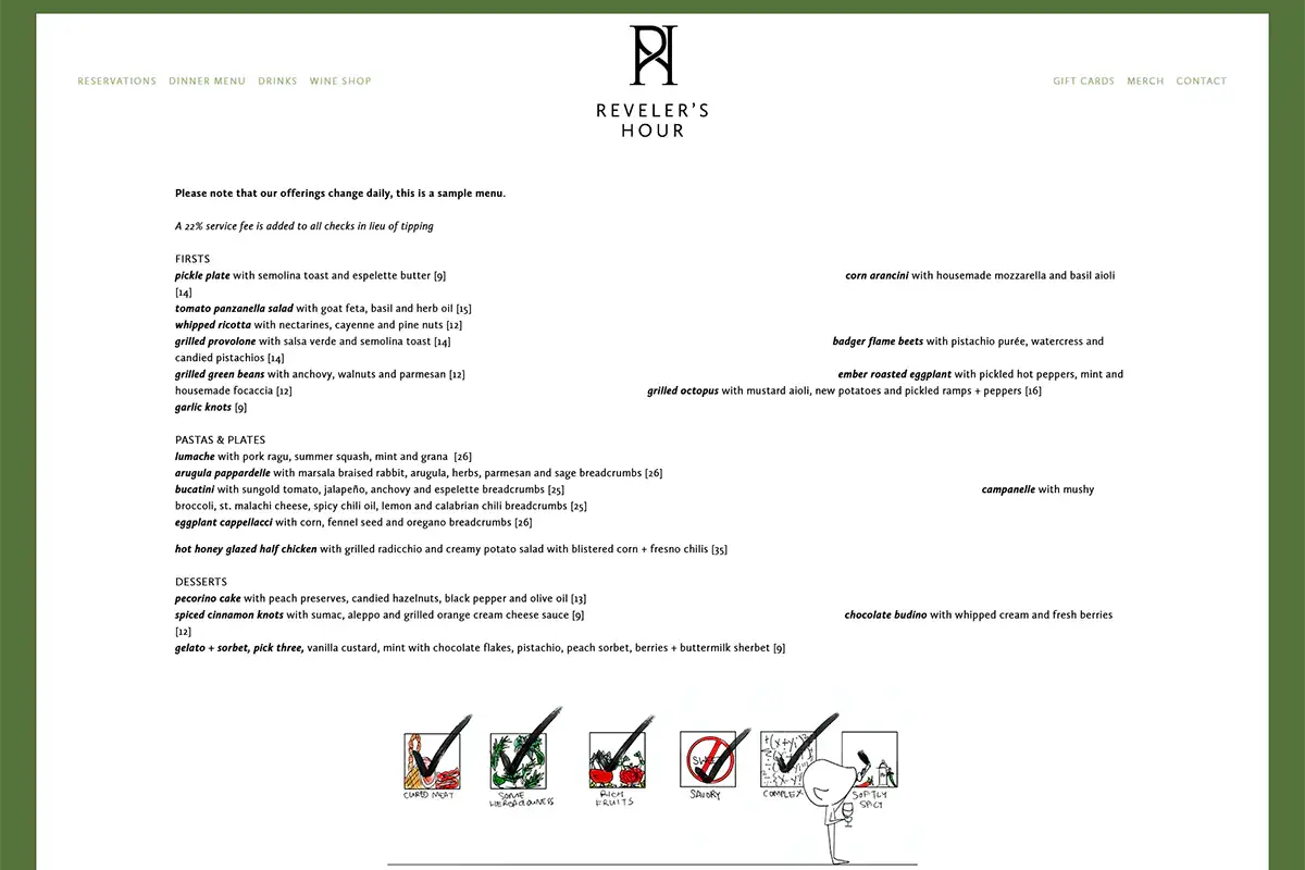 Il menu del Reveler's Hour di Washington DC che riporta la maggiorazione per la mancia La mancia al cameriere? Va abolita! Il servizio &egrave; un investimento, non un costo