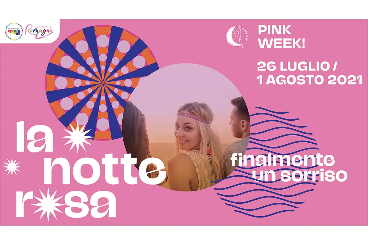 La locandina della Notte Rosa 2021 Finalmente un sorriso, la Romagna si colora di rosa