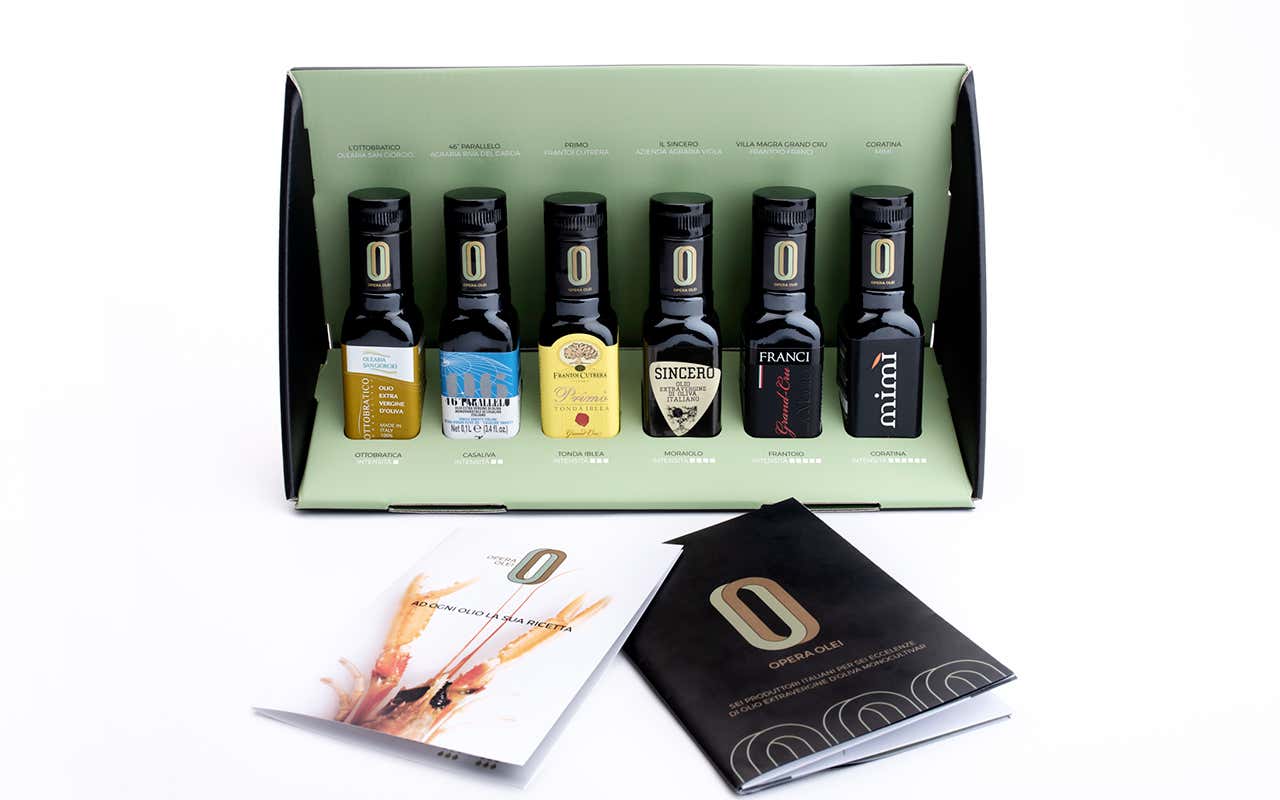 Il cofanetto con i sei oli degustati Olio evo, tutela plurale in tavolagrazie al Consorzio Opera Olei