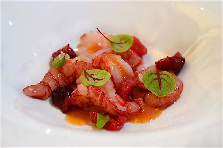 Gambero con ciliegia marinata e gel di pomodorino Aperitivi e cucina di mare All'Origine la tradizione è... trendy Gambero con ciliegia marinata e gel di pomodorino Aperitivi e cucina di mare All'Origine la tradizione è... trendy