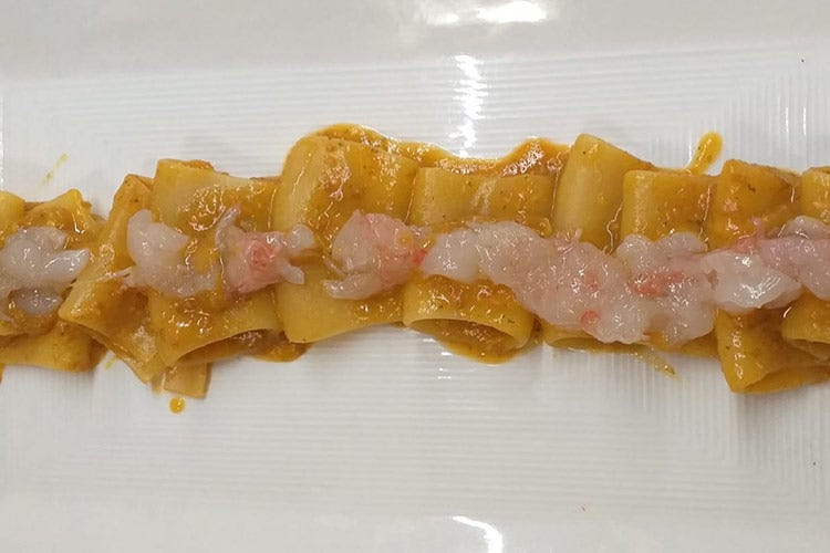 Paccheri  di pasta fresca con pomodorini gialli e carpaccio di aragosta
