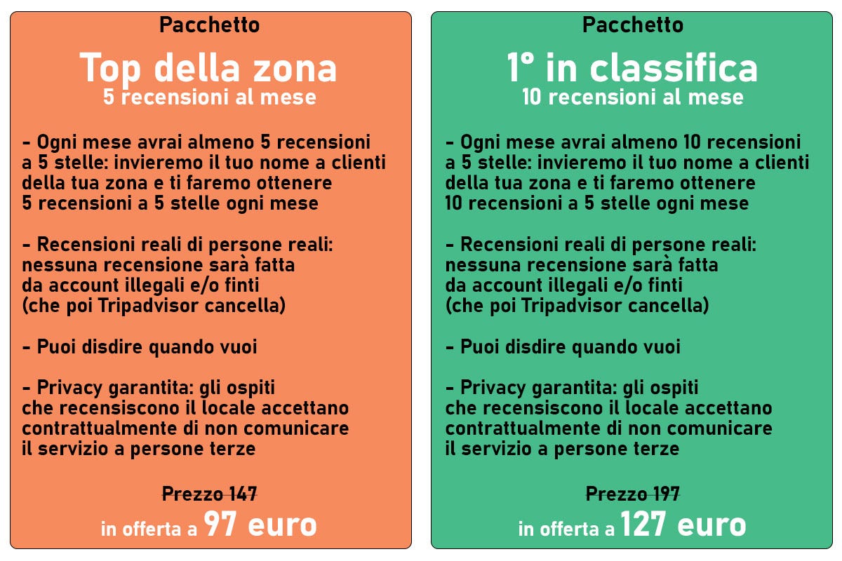 I due pacchetti offerti ai ristoratori  Riparte dalla Liguria la vergogna delle recensioni false: vuoi “5 stelle“? Devi pagare