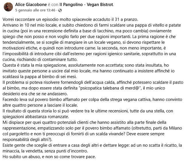Il post su Facebook dove Alice Giacobone ha raccontato l'accaduto