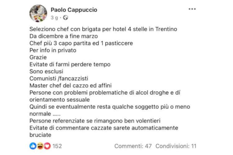 Post omofobo per assumere personale: multa da 6mila euro allo chef Paolo Cappuccio