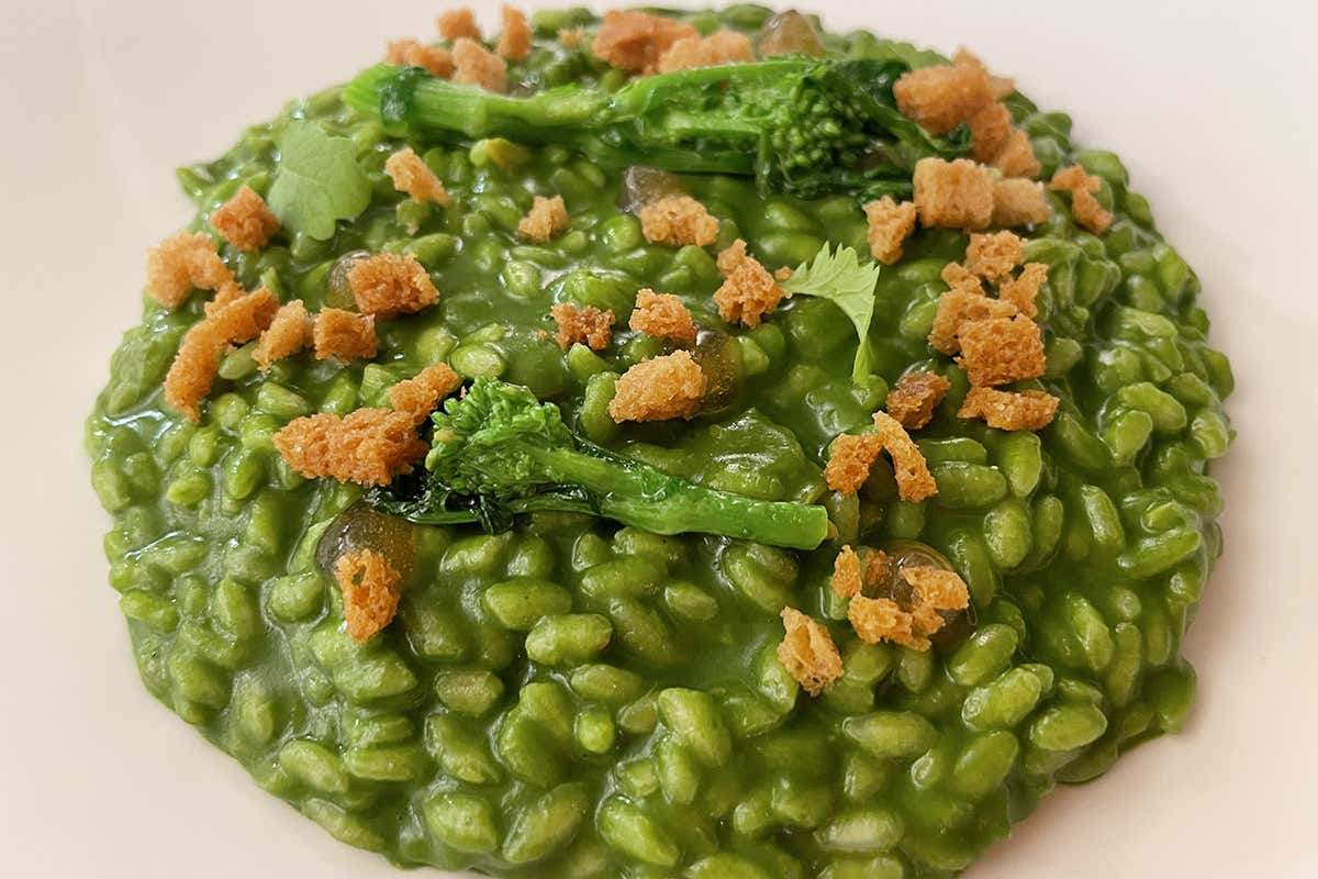 Risotto alle vongole e cime di rapa, mollica croccante e colatura di alici Il Parco di Villa Grey, in Versilia la cucina classico-contemporanea di Monopoli