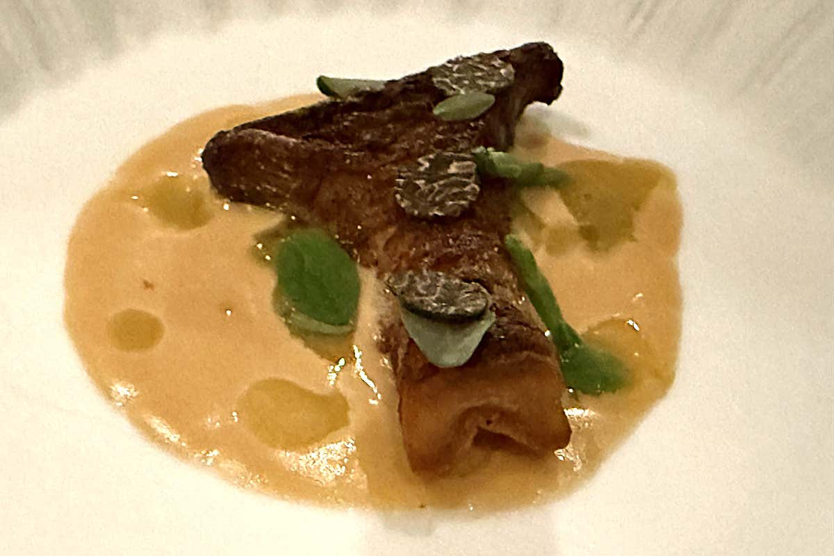 PRO-FUMO - Cardoncelli cotti al Kamado con crema di arachidi, estratto di luppolo e dashi ai funghi di bosco - Hotel Parker's