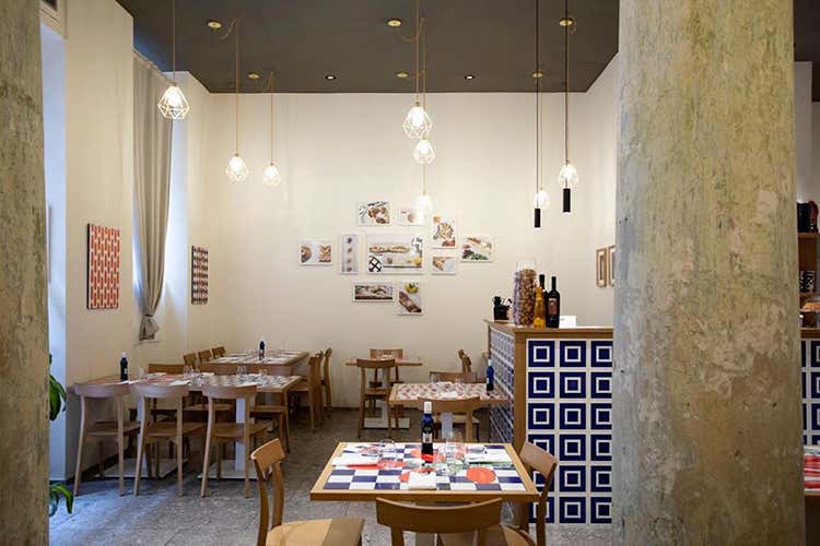 Chiari e ben comunicati nel locale i colori simbolo della Penisola Sorrentina (Le pizze sperimentali di Esposito funzionano anche a Milano)