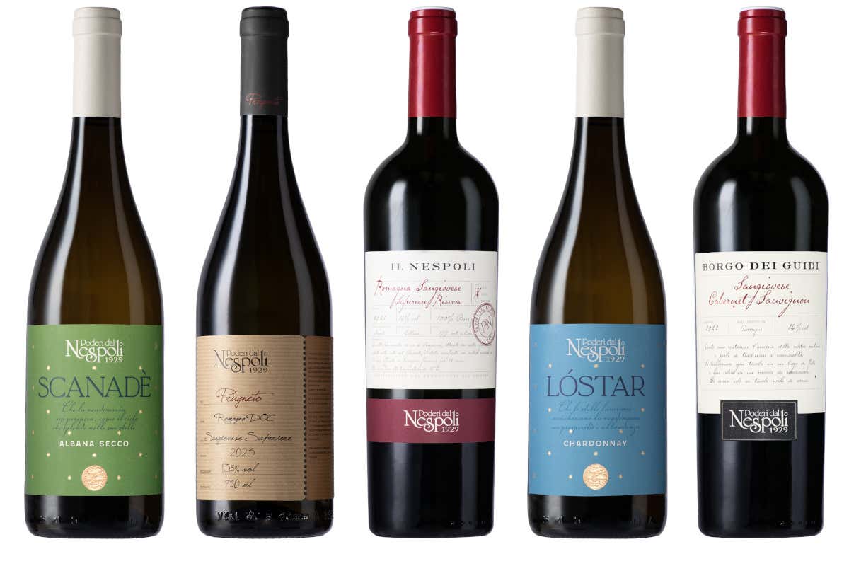 Alcune etichette significative di Poderi dal Nespoli, da sinistra Scanadè Romagna Docg Albana Secco, Prugneto Romagna Doc Sangiovese Superiore, Nespoli Romagna Doc Sangiovese Superiore Riserva, Lóstar Forlì Igt Chardonnay e Borgo dei Guidi Rubicone Igt