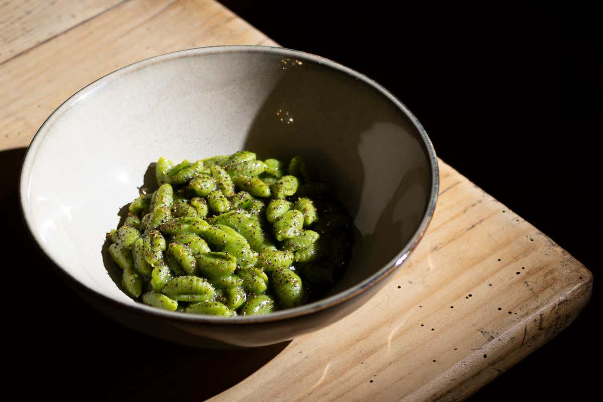 Gnocchetti al sedano con calamaro crudo e pepe Timut