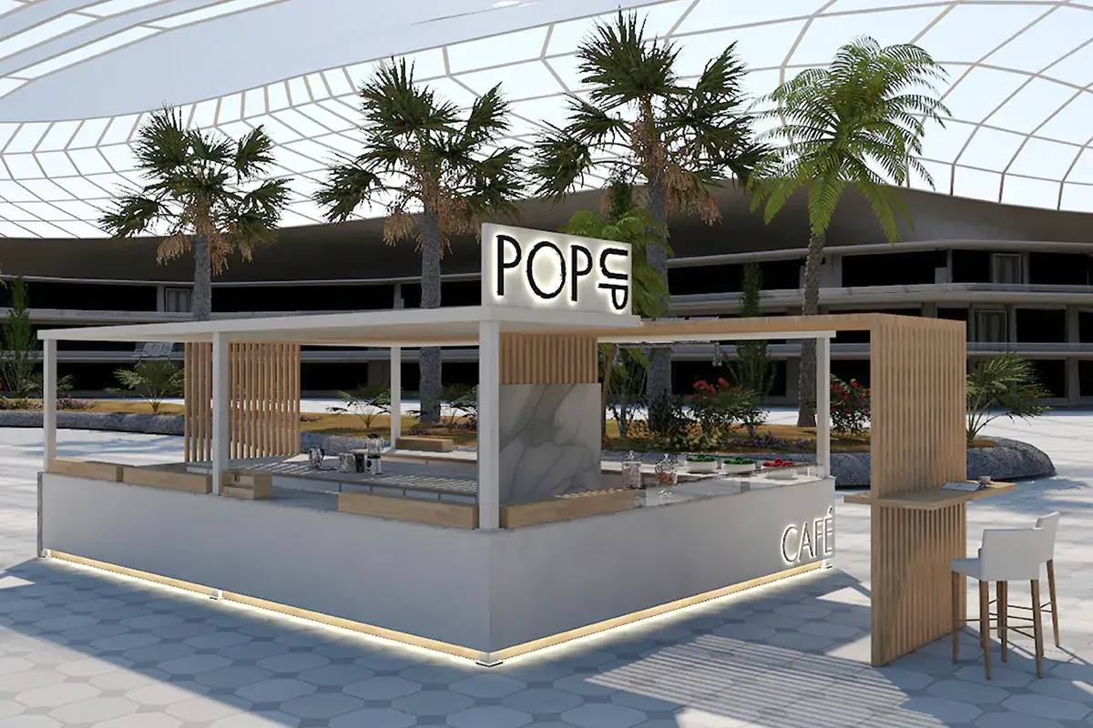 Il rendering della soluzione Pop Up Caf&egrave; Spazi modulari e riutilizzabili La soluzione di Augusto Contract