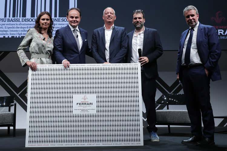 Camilla e Matteo Lunelli, Peter Gomez, Pierpaolo Balani e Gerardo Greco (Premio Ferrari ad Avvenire Copertina dell&rsquo;anno per Millenium)