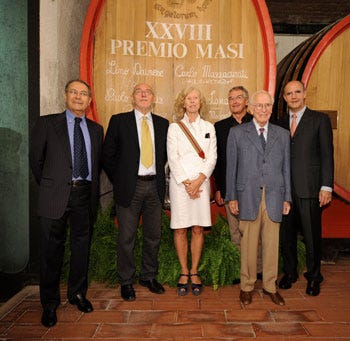 da sinistra: Sandro Boscaini, Paolo Rumiz, Isabella Bossi Fedrigotti, Lino Danese, Luigi Luca Cavalli Sforza e George Sandeman