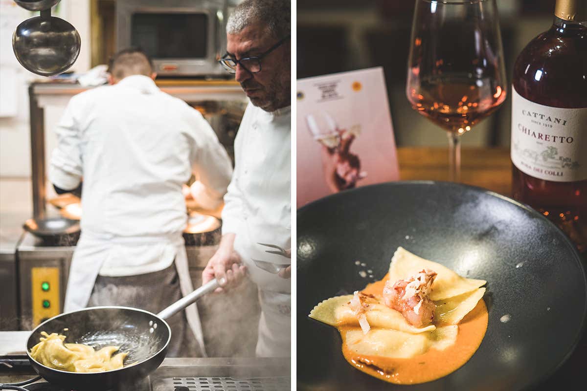 Ravioli, gambero rosso di Mazara pancettato, patata e Grana Padano DOP 18 mesi e la sua bisque Il pesce sposa le eccellenze lombarde alla Trattoria La Barca
