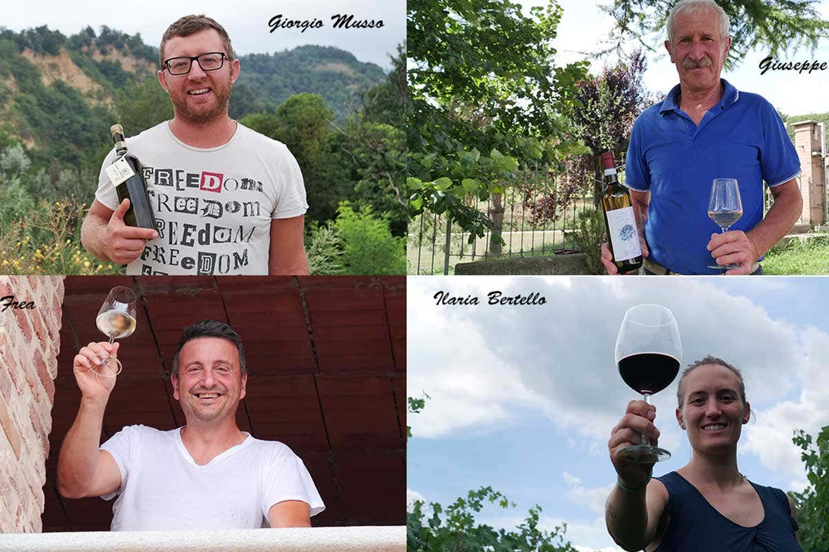 I quattro produttori di Montaldo di Roero: in alto da sinistra in senso orario Giorgio Musso, Giuseppe Parussa, Ilaria Bertello, Giovanni Frea Quattro produttori e un ponte, nel Roero degustazioni sotto le stelle