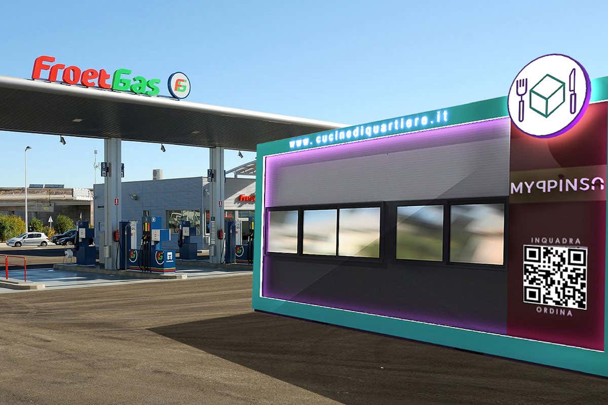 Rendering di un'installazione a insegna Cucine di Quartiere Brand virtuali e cucine per delivery L'abbinata parte dai distributori