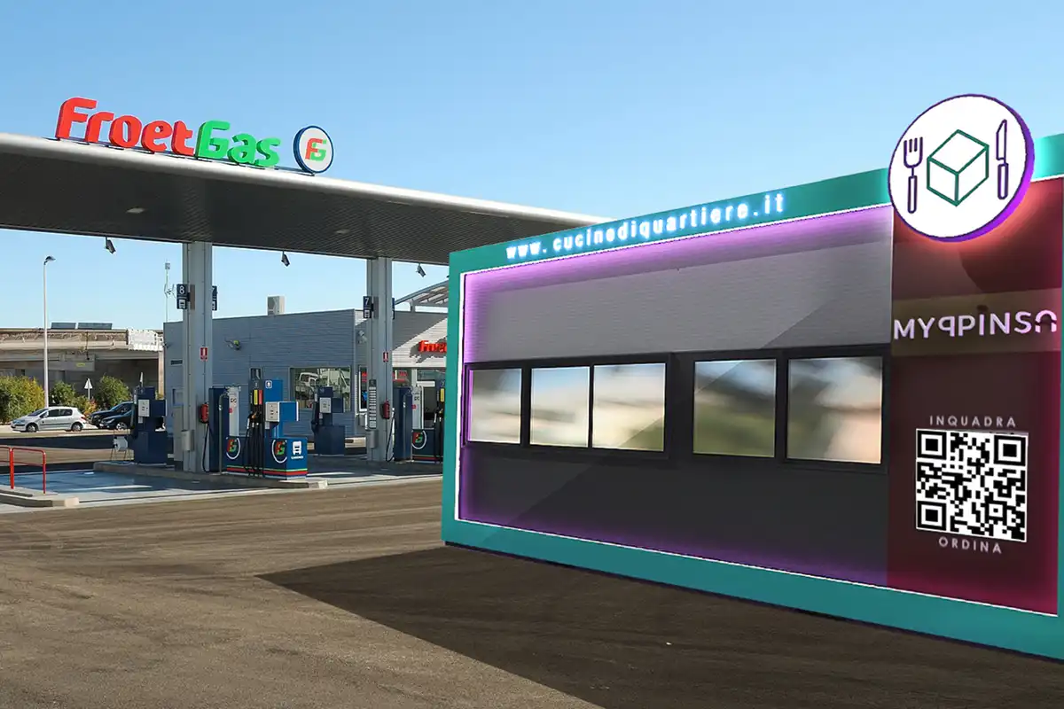 Rendering di un'installazione a insegna Cucine di Quartiere Brand virtuali e cucine per delivery L'abbinata parte dai distributori