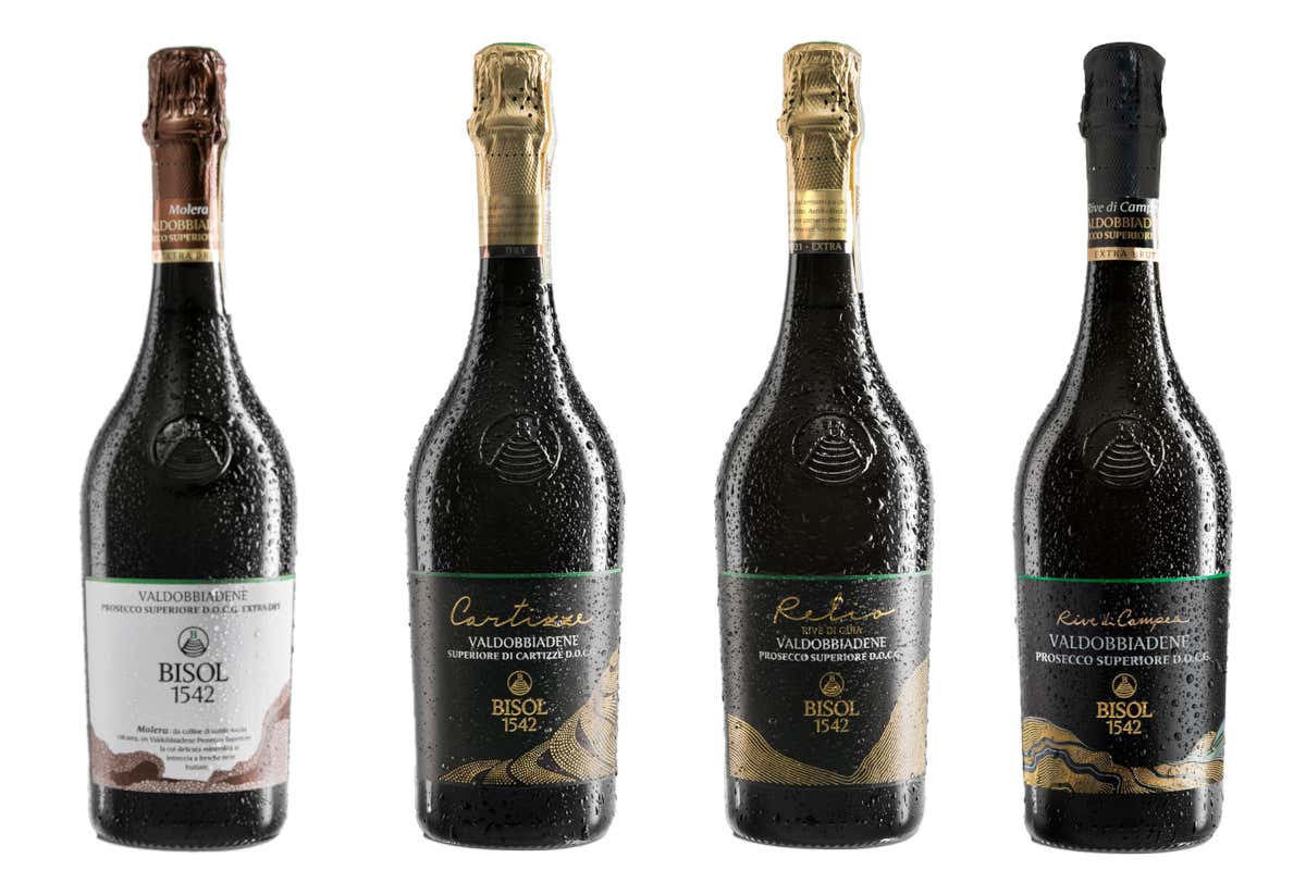 I Valdobbiadene Prosecco Superiore di Bisol 1542: Extra Dry Molera 2024, Cartizze Dry 2024, Relio Rive di Guia Extra Brut 2024 ed Extra Brut Rive di Campea 2024