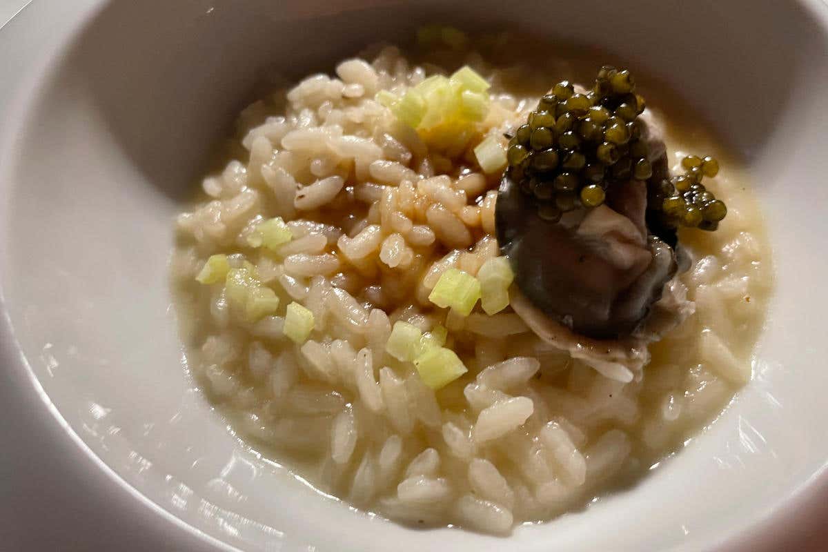 Riso con  ostrica, caviale e salsa di Franciacorta  Al Santamonica di Genova tanta Liguria nel piatto, ma non convenzionale