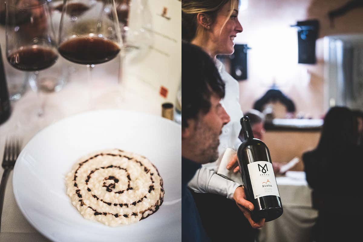 Risotto con stracchino all’antica delle valli orobiche e ristretto al Moscato di Scanzo Biava Docg e il Moscato di Scanzo vinificato secco di Biava La Trattoria Visconti di Ambivere inaugura la nuova cantina