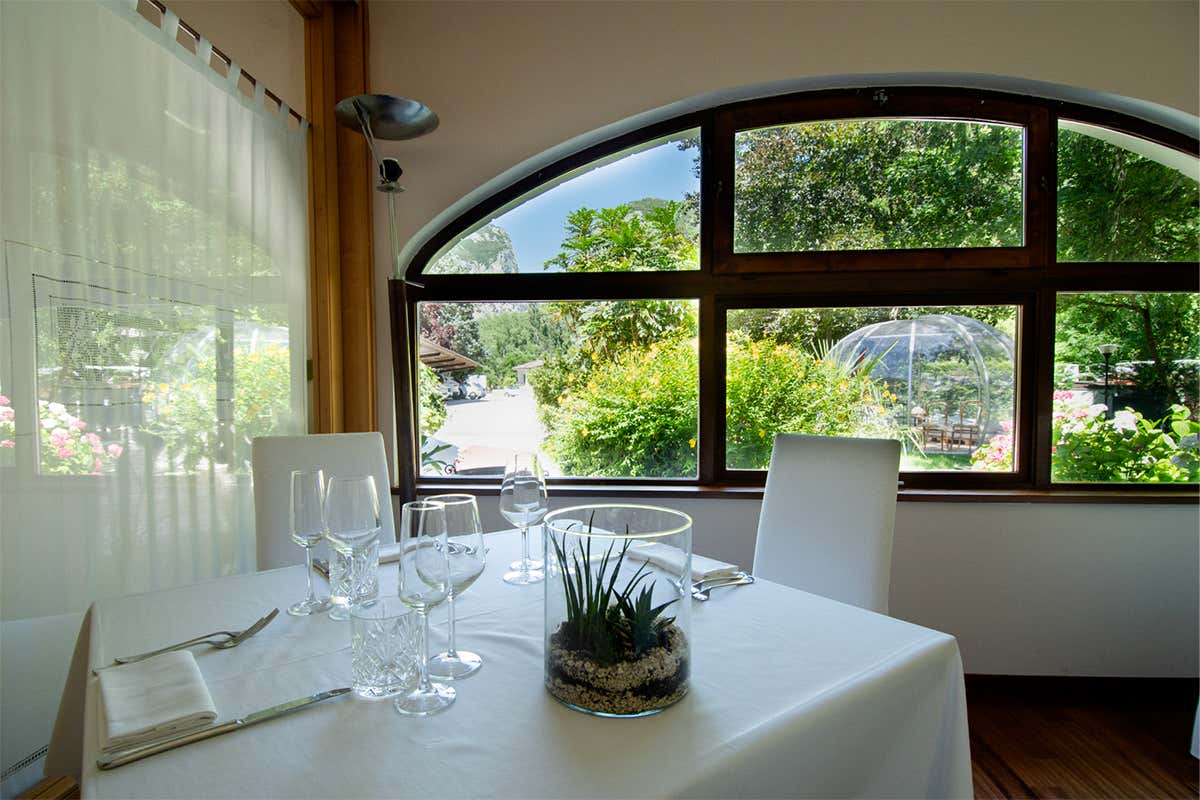 Uno scorcio sul giardino dalla sala del ristorante La Ginestra