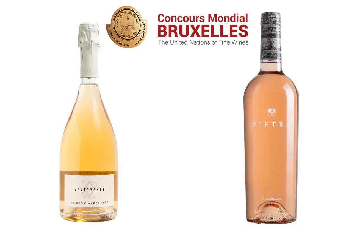 Da sinistra il modenese Ventiventi Rosato 2019 e il salentino Pietra Rosato 2021 Vini ros&eacute;: Puglia ed Emilia incantano il Belgio
