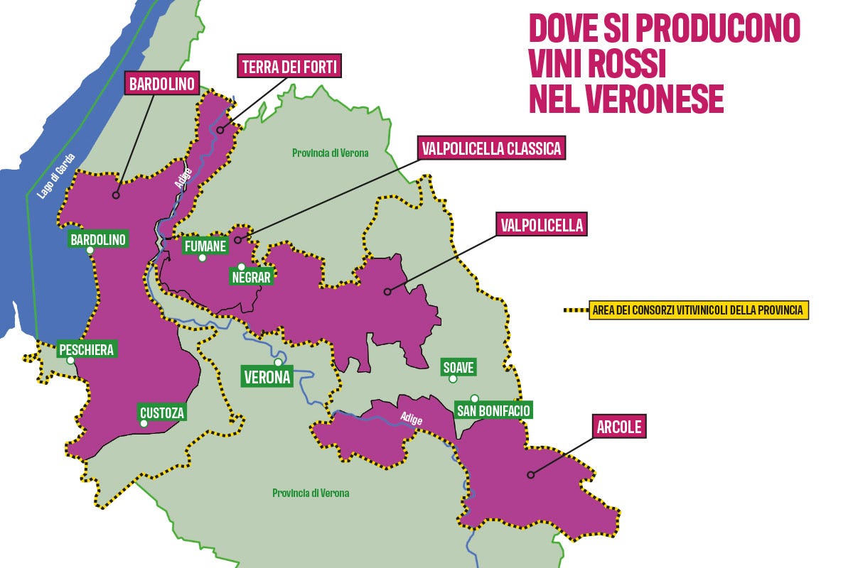 Mappa delle aree del veronese in cui si producono vini rossi Verona e dintorni, terre di grandi vini rossi e ricca biodiversità