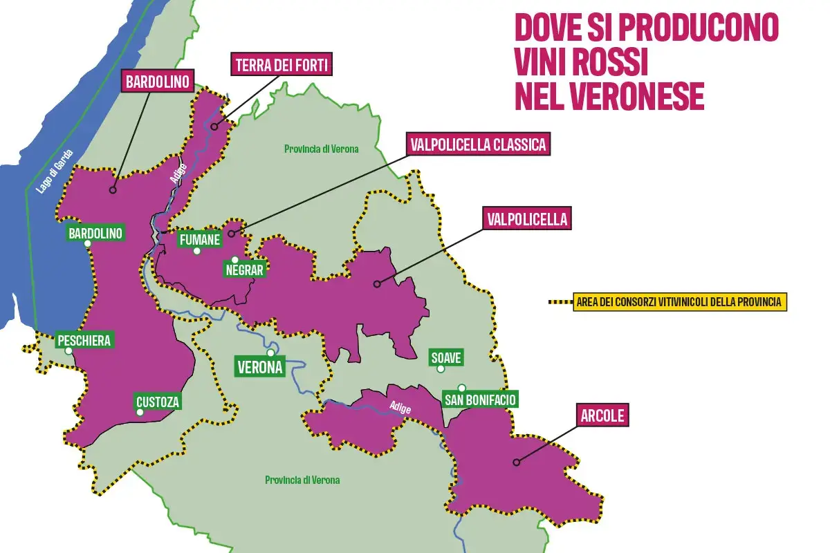 Mappa delle aree del veronese in cui si producono vini rossi Verona e dintorni, terre di grandi vini rossi e ricca biodiversit&agrave;