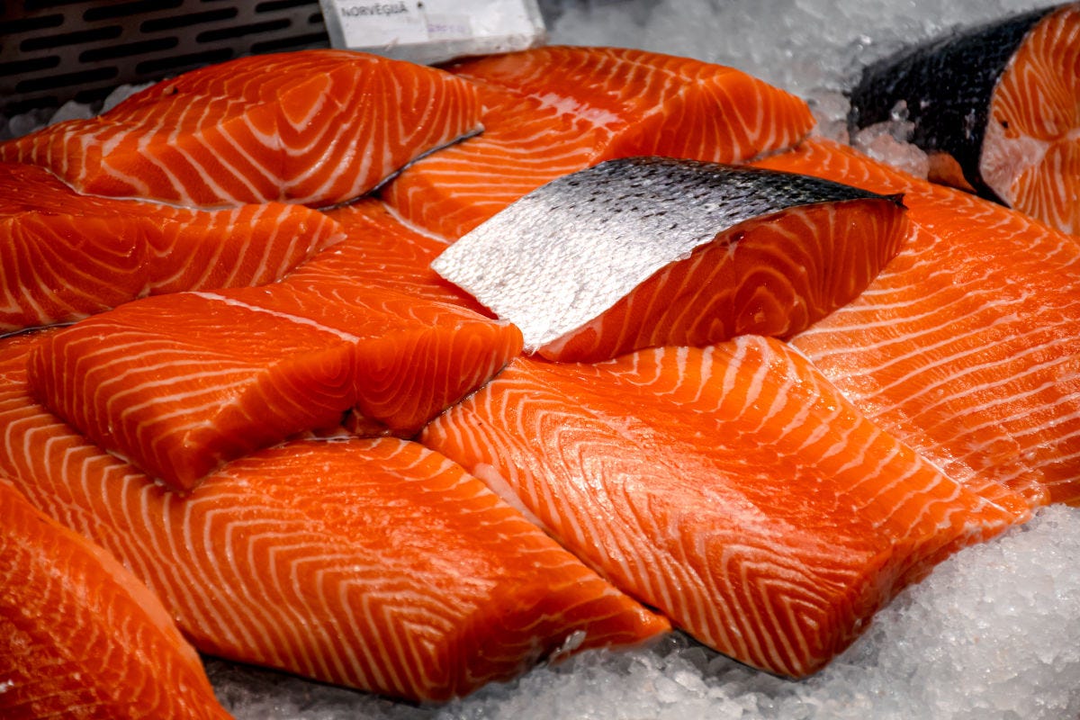 Alcuni tranci di salmone sul ghiaccio World Heart Day, l'importanza di un'alimentazione sana per la salute del cuore