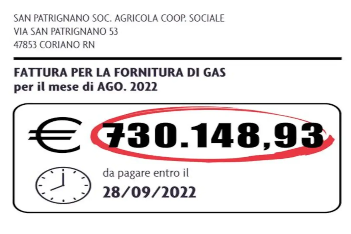 L'immagine della bolletta shock pubblicata sul profilo Facebook della comunit&agrave; di San Patrignano (Rn) Caro energia, a rischio chiusura la comunit&agrave; di San Patrignano. Gi&agrave; &ldquo;congelata&rdquo; la norcineria