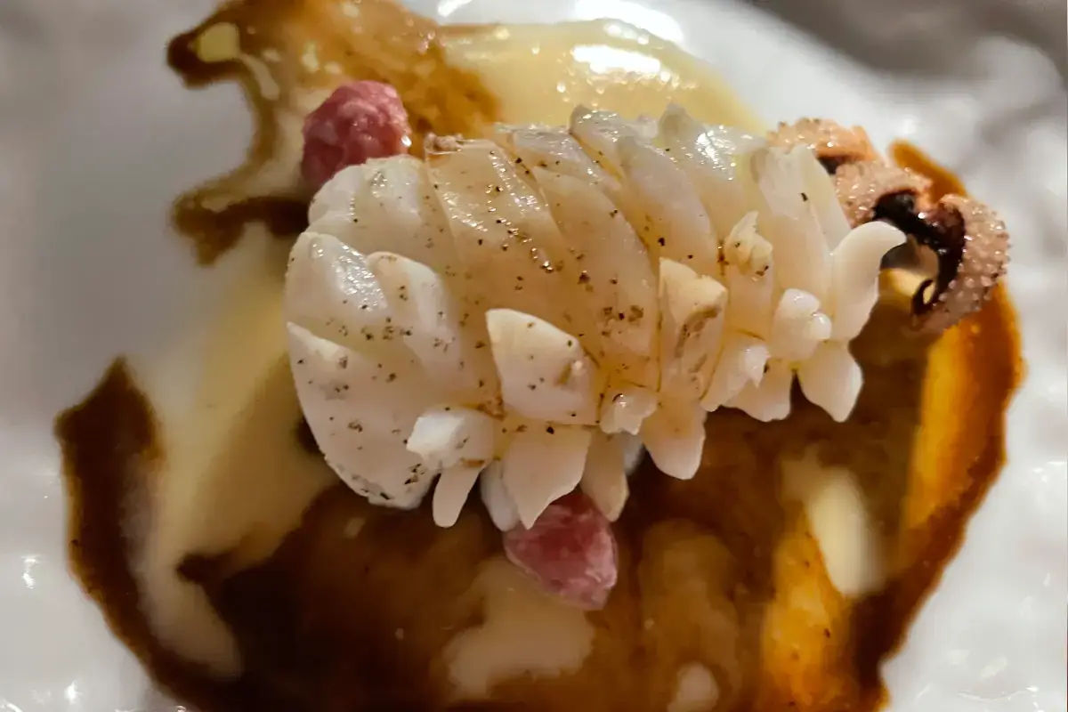 Seppia su findo bruno di seppia e salsiccia di Bra Al Santamonica di Genova tanta Liguria nel piatto, ma non convenzionale